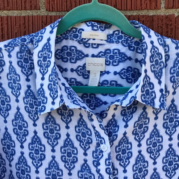 Chicos blue white patterned button up shirt blouse linen size 3 Large - Picture 3 of 6